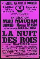 Shakespeare, La Nuit des rois. Beaune, Théâtre de verdure (23 juin 1957). - Dijon, Imprimerie Jobard. - 77 x 112 cm.