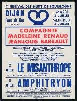 Compagnie Renaud-Barrault : Molière, Le Misanthrope ; Amphitryon. Dijon, Palais ducal, cour de Bar (2-3 juillet 1957). - Dijon, Imprimerie Jobard. - 30 x 40 cm.