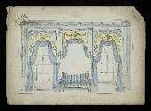Intérieur composé de trois fenêtres et d'un canapé Louis XVI, le tout dans des tons de bleu et de jaune.