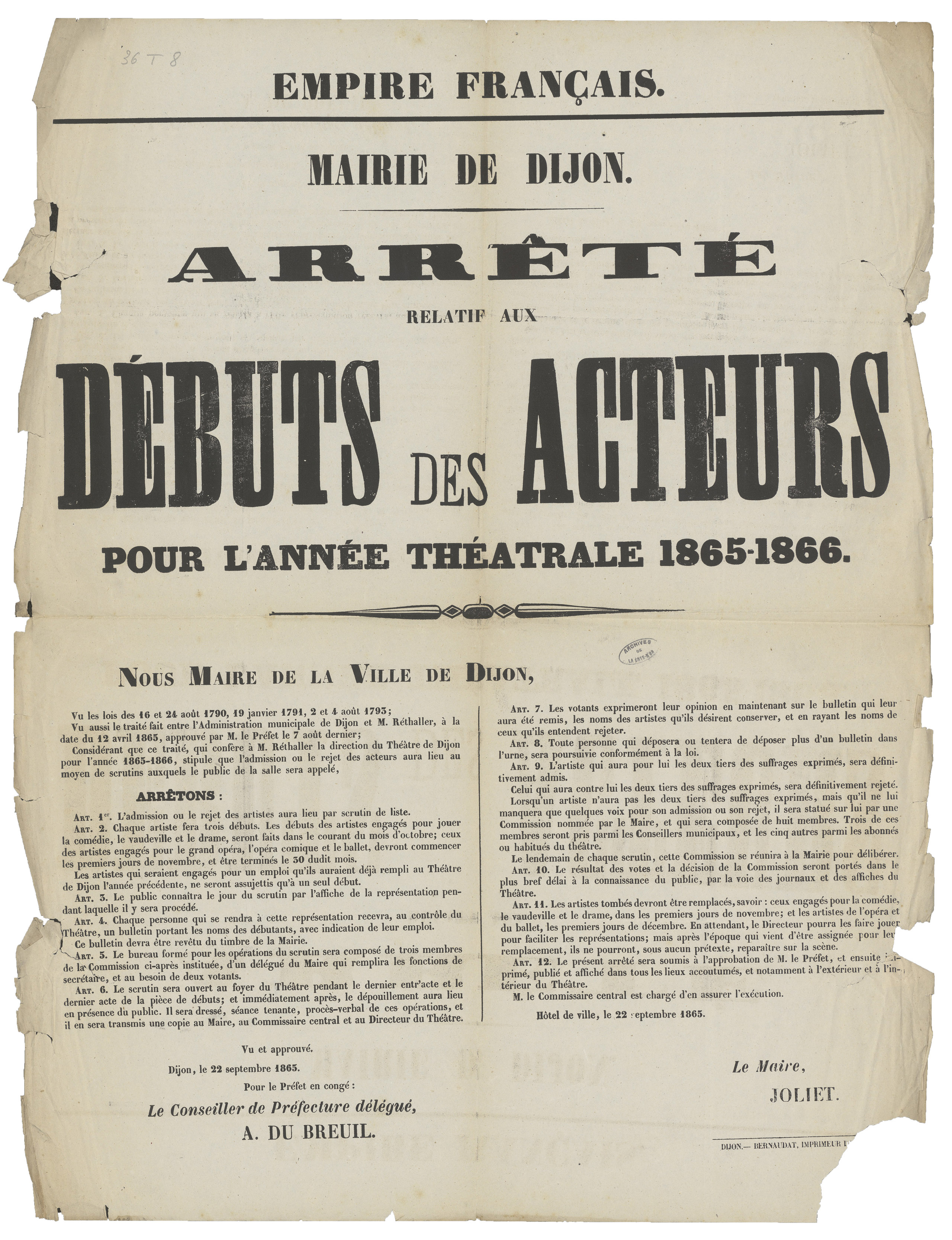 Arrêté du maire de Dijon relatif aux débuts des acteurs pour l’année théâtrale 1865-1866