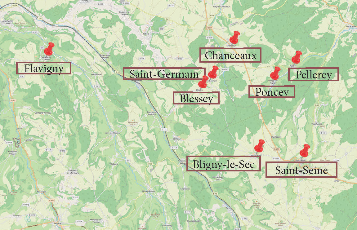 Carte montrant les communes de Flavigny et de Saint-Seine